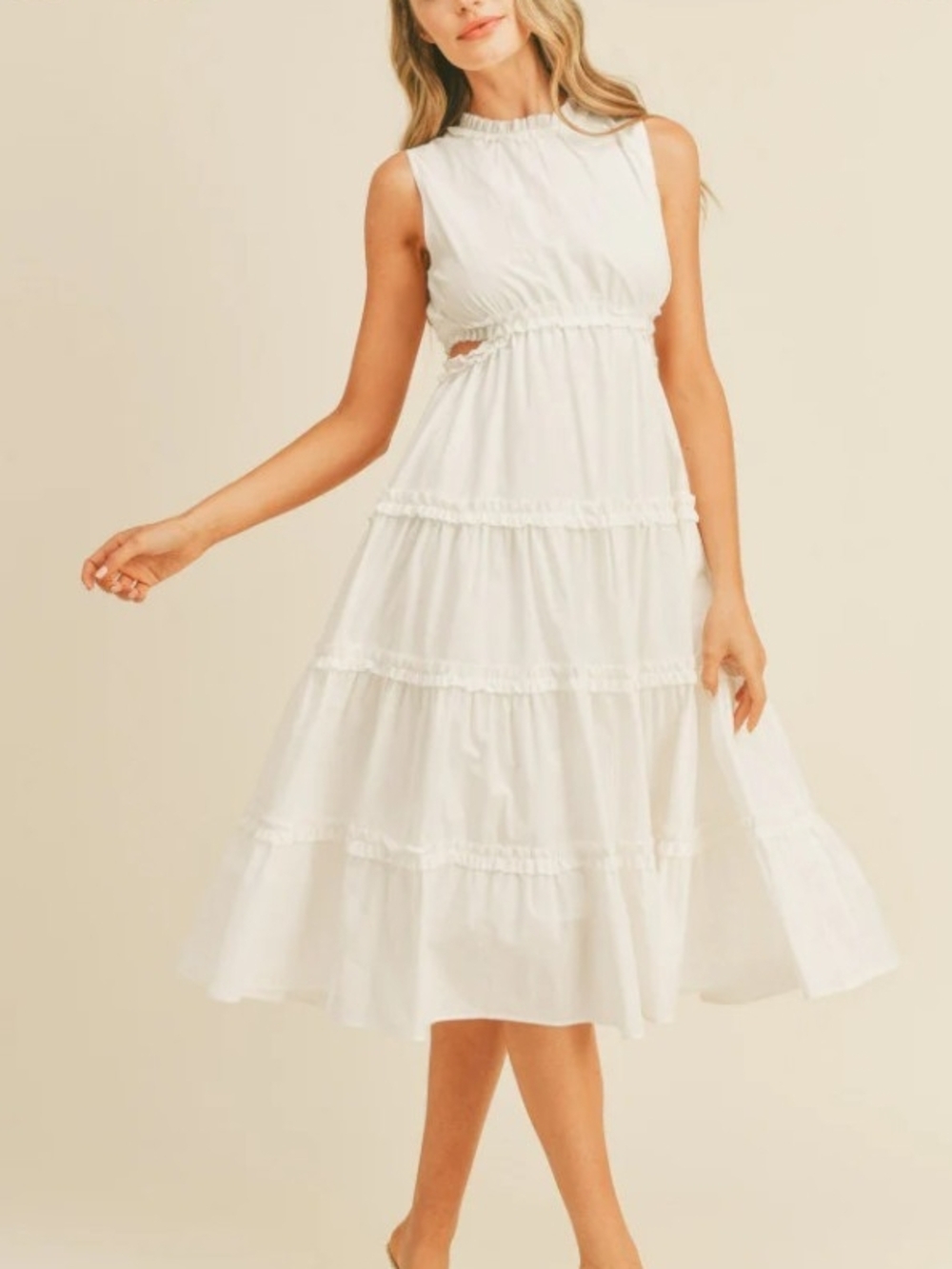 100% Cotton Women's White Sleeveless Tiered Midi Dress
